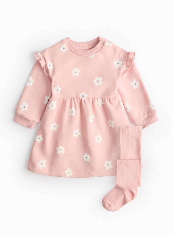 Pink Floral Print Dress Set With Tights 3-6 months